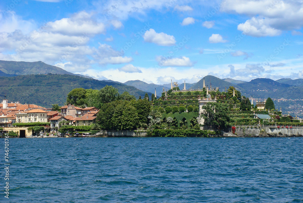Beautiful view of the lake and island on a summer day. Isola Bella. Italy.