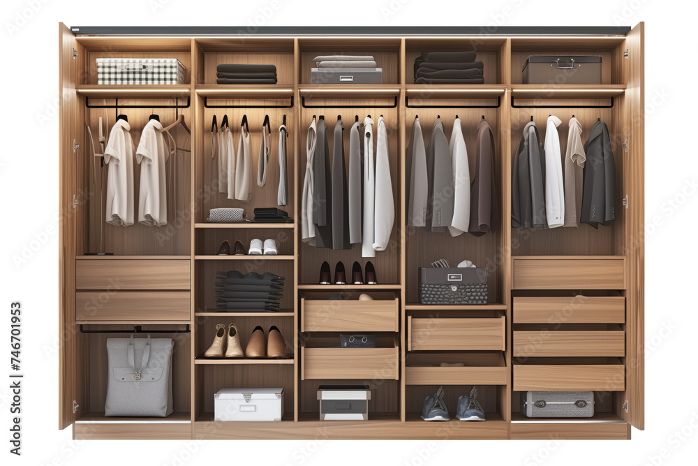 Open wardrobe made of solid wood, varnished, isolated on a white or transparent background. Close-up of an open wardrobe filled with clothes and towels. Element of furniture in the interior. Open wardrobe made of solid wood, varnished, isolated on a white or transparent background. Close-up of an open wardrobe filled with clothes and towels. Element of furniture in the interior.