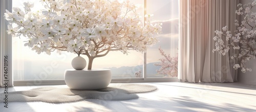 A white dogwood tree with delicate flowers in full bloom is placed in a vase by a window, allowing natural light to illuminate the scene. photo