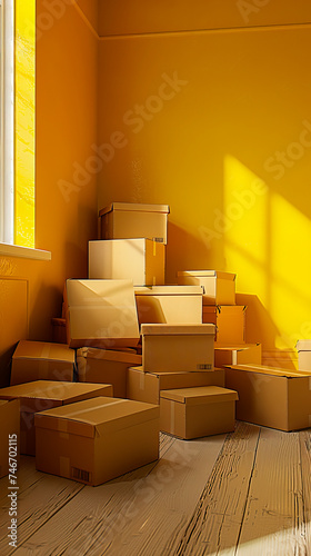Stack of moving boxes in yellow empty room with sunlight