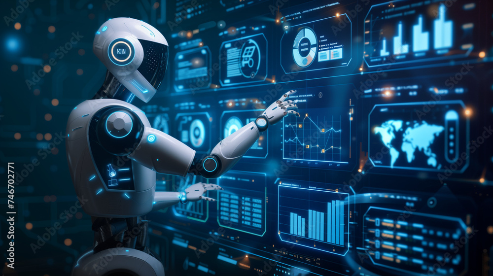 Businessman touch automated data management system to create reports with KPIs and indicators connected to the database. Data analysis with intelligent AI robot technology in business analysis Businessman touch automated data management system to create reports with KPIs and indicators connected to the database. Data analysis with intelligent AI robot technology in business analysis
