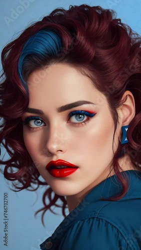 A portrait of a woman with striking blue eyeliner and lush red lips, her auburn hair styled elegantly, wearing blue earrings and a navy blouse.