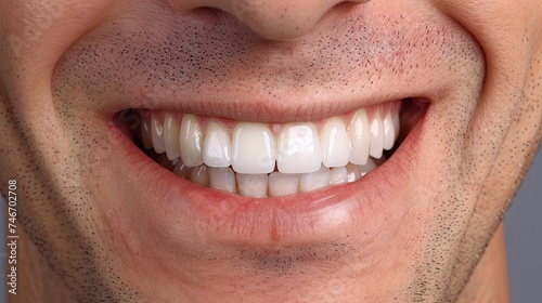 Happy man with perfect teeth smiling on a gray background, showcasing the success of dental implantation.