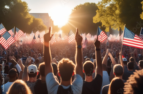 Crowd holds American flags high in sunlight at entertainment event