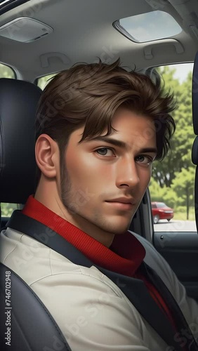 Portrait of a handsome young man, seated inside a car with a focused look, wearing a red and grey suit in a car.