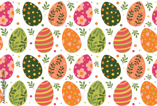 Seamless colorful pattern with easter eggs and leaves. Vector background in flat style.