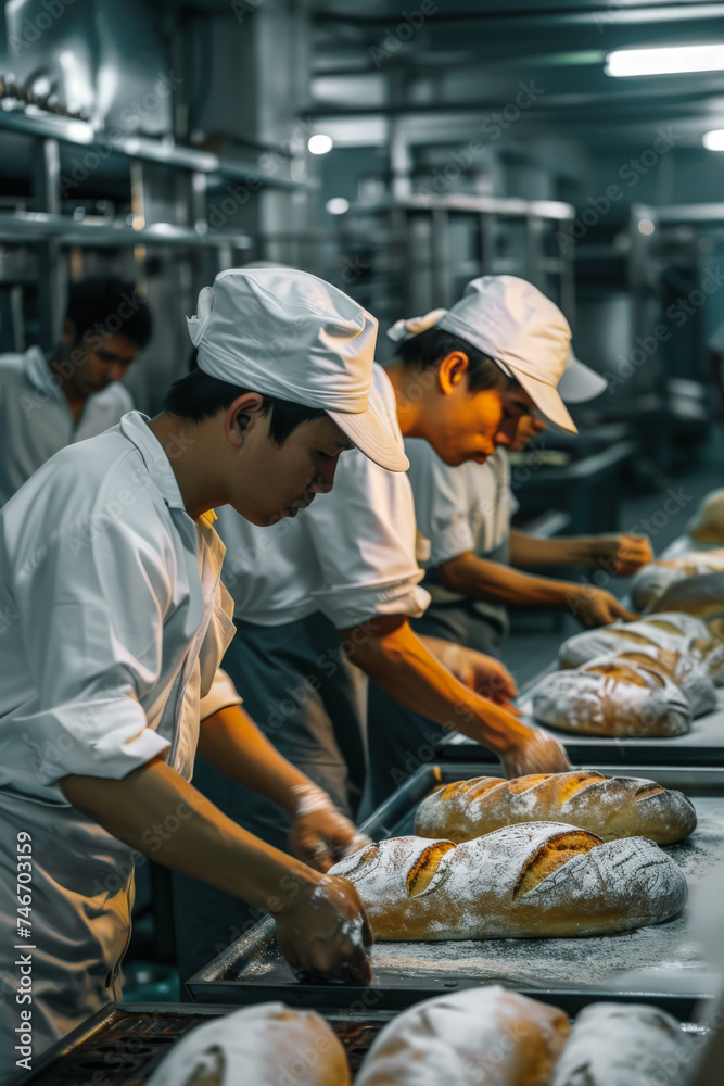 Workers working in a factory preparing bread Workers working in a factory preparing bread
