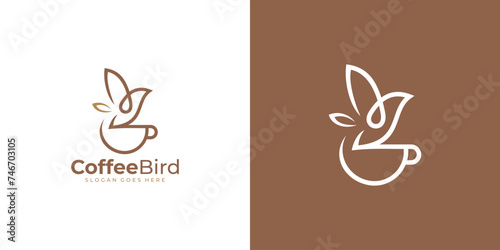 Creative Coffee Bird Logo. Flying Bird and Coffee Tea Cup with Linear Outline Style. Coffee Shop Logo Icon Symbol Vector Design Template.