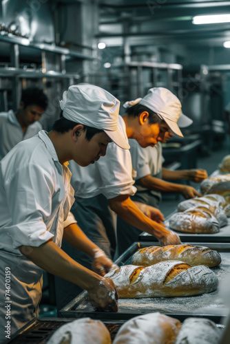 Workers working in a factory preparing bread