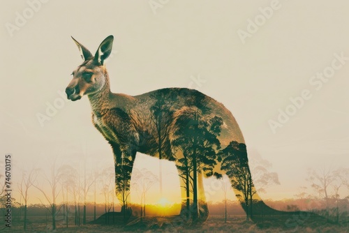 A kangaroo silhouette merged with the outback landscape of Australia in a double exposure photo