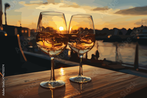 Glasses of delicious wine on riverside at sunset on vector