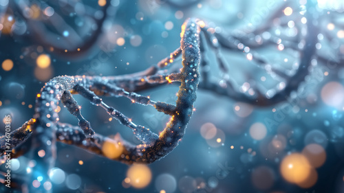 A high-definition 3D render of a DNA double helix structure glowing with light particles, representing the concept of biotechnology and genetic research.
