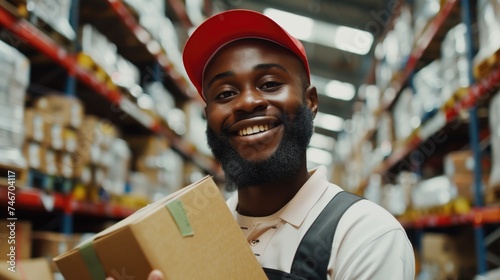 African american man wearing red cap working in warehouse logistic delivery centre smiling at camera holding a box between the shelves with cardboard boxes and parcels