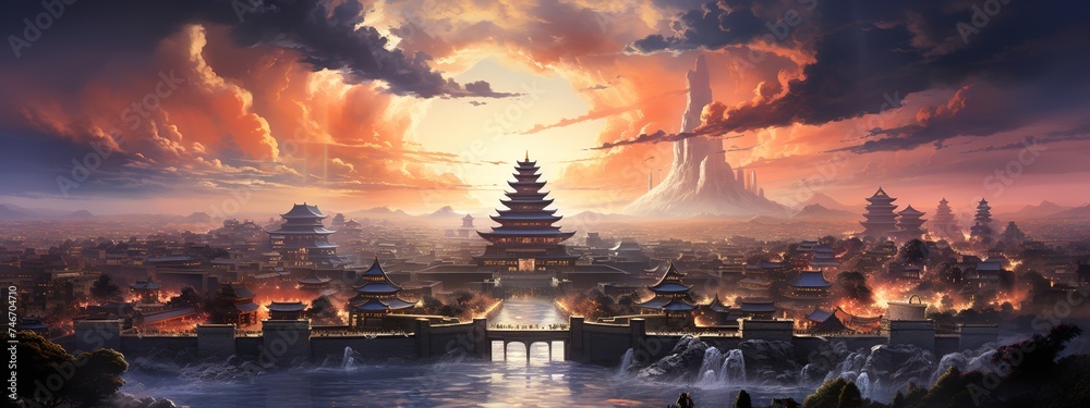 ancient city, in the style of light orange and sky-blue, purple and gold, sunrays shine upon it, soft-edged, subdued tranquility, elaborate borders, piles/stacks