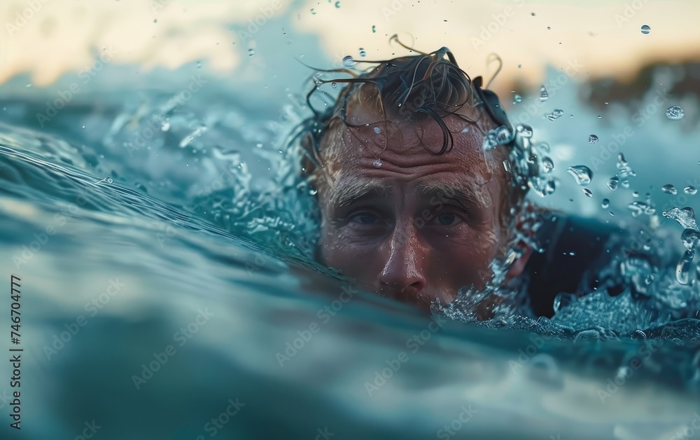 An adult swimmer peers through the ocean waves at sunset, connecting with the viewer. The calmness of the sea complements the intensity in his eyes.