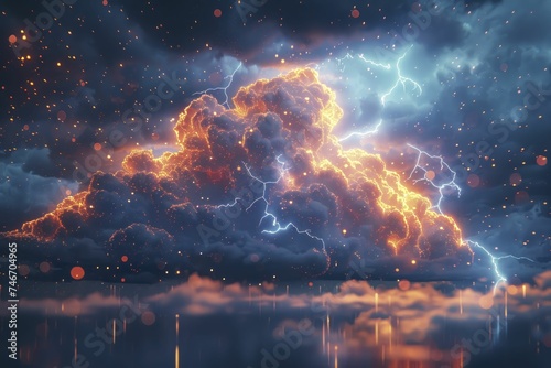 Creative brainstorm cloud sparks idea storm against blurred futuristic sky backdrop.