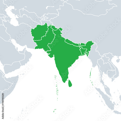 South Asia political map. Southern subregion of Asia, defined in geographical and ethnic-cultural terms. The countries Afghanistan, Bangladesh, Bhutan, India, Maldives, Nepal, Pakistan, and Sri Lanka.