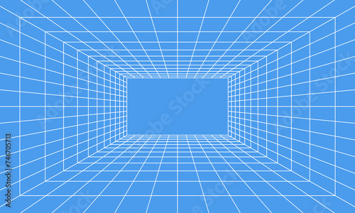 Grid room in perspective in 3d style. Indoor wireframe from white laser beam on  blue background, digital empty box. Abstract geometric design © Iryna