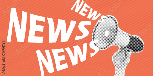 Hand holding megaphone with news lettering. Concept of creativity, mass media influence, information, news, sale. Modern minimal style for poster, banner