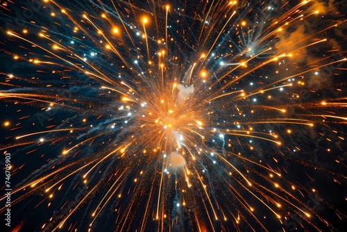 A dazzling display of fireworks forming a radiant starburst in the night sky, with sparkling trails of light emanating from the center and illuminating the surroundings.