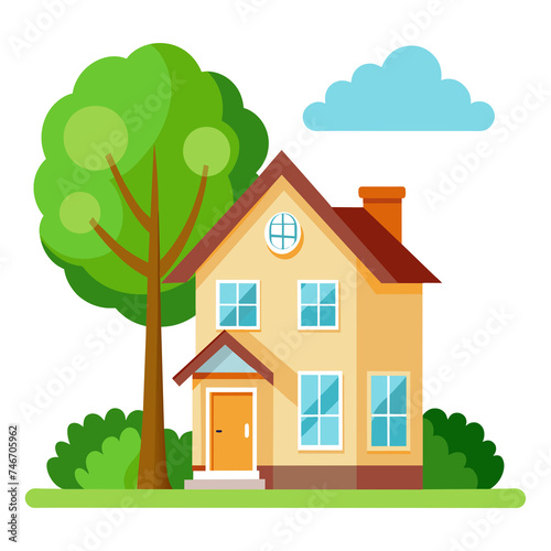 flat logo vector illustration house and tree