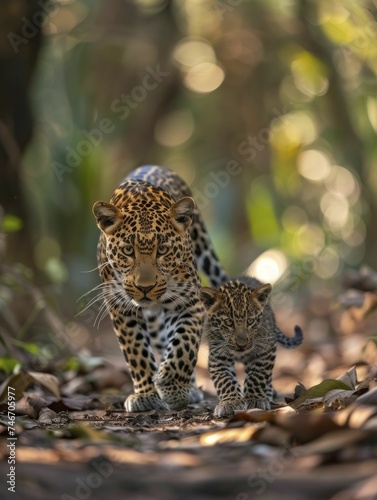 Leopard guides cub in stealth, strategizing for the hunt, duo focused amidst jungle blur. © Kanisorn