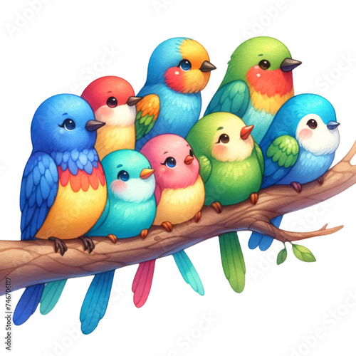 Watercolor illustration of Colorful cartoon birds on a branch, suitable for children's illustrations and designs.