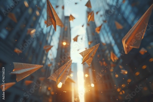 Paper airplanes soar from lightbulb, inspiring fresh ideas against skyscraper backdrop. photo