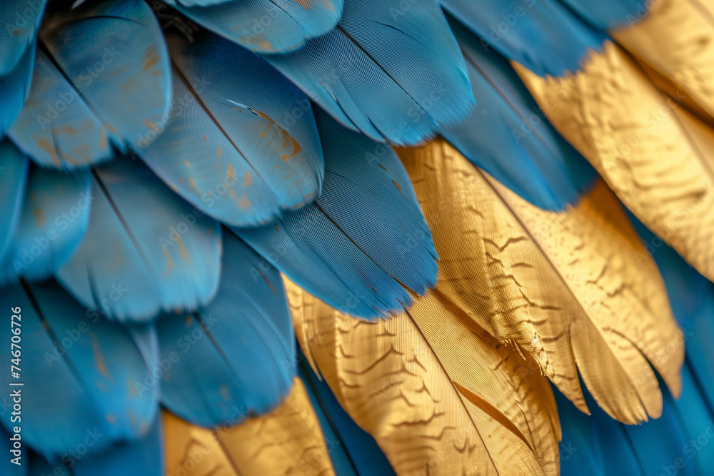 Fototapeta premium Colorful of blue and gold bird's feathers, exotic nature background and texture ,macaw feathers, wing macaw