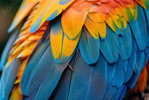 Colorful of blue and gold bird's feathers, exotic nature background and texture ,macaw feathers, wing macaw