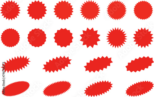 Starburst red sticker set - collection of special offer sale oval and round shaped sunburst labels and badges. Promo stickers with star edges. Promo advertising Vector.