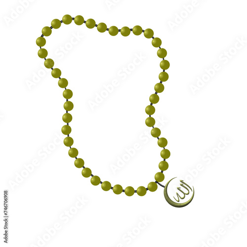 Photography Rosary with glossy green beads and a yellow Allah pendant isolated