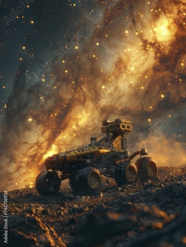 Space rover explores alien terrain, gathers samples for life sciences, with distant galaxies in background.