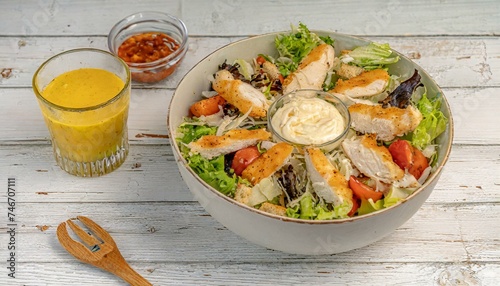 Salada mista com croutons e tiras de frango grelhado. Comida saudável. Mesa de madeira. photo