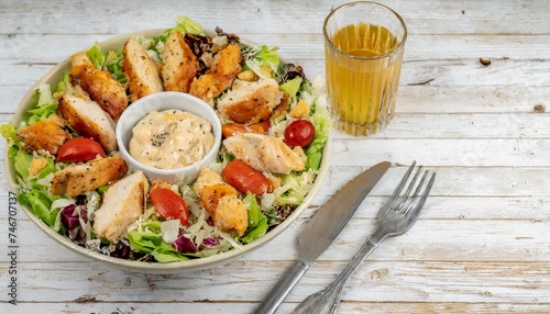 Salada mista com croutons e tiras de frango grelhado. Comida saudável. Mesa de madeira. photo