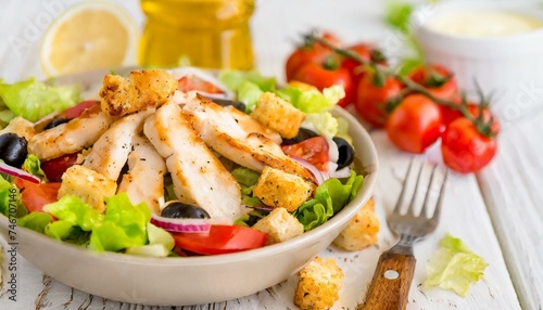 Salada mista com croutons e tiras de frango grelhado. Comida saudável. Mesa de madeira. photo