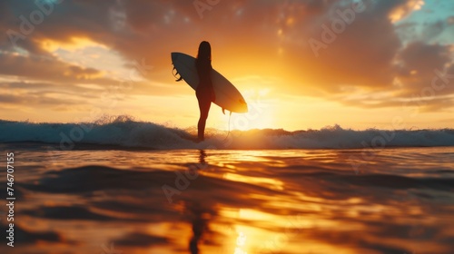Silhouette of a Female Surfer with Board 