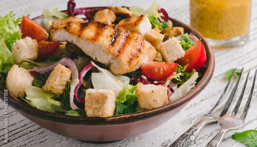 Salada mista com croutons e tiras de frango grelhado. Comida saudável. Mesa de madeira. photo