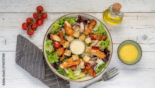 Salada mista com croutons e tiras de frango grelhado. Comida saudável. Mesa de madeira. photo