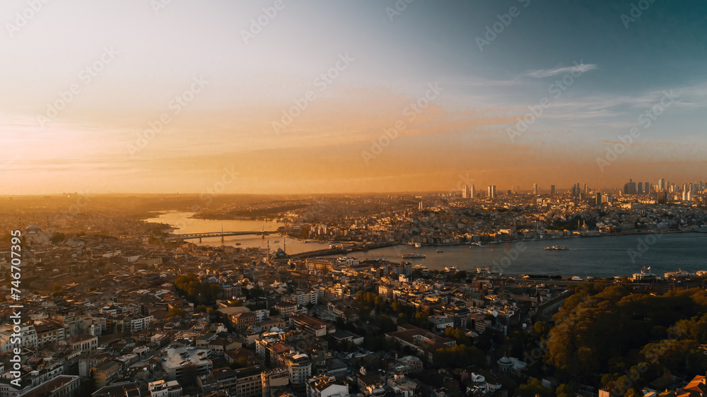 Aerial view of the Golden Horn, Galata and Istanbul at sunset