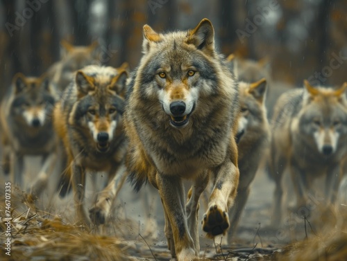 Leader in focus, leading the wolf pack in tactical formation through the forest with a blurred background.