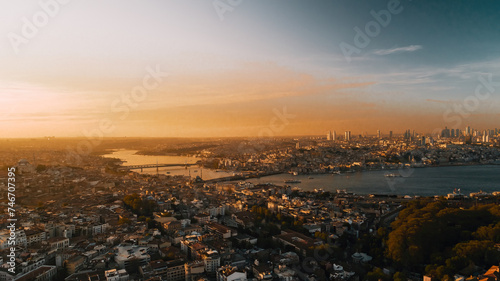 Aerial view of the Golden Horn  Galata and Istanbul at sunset
