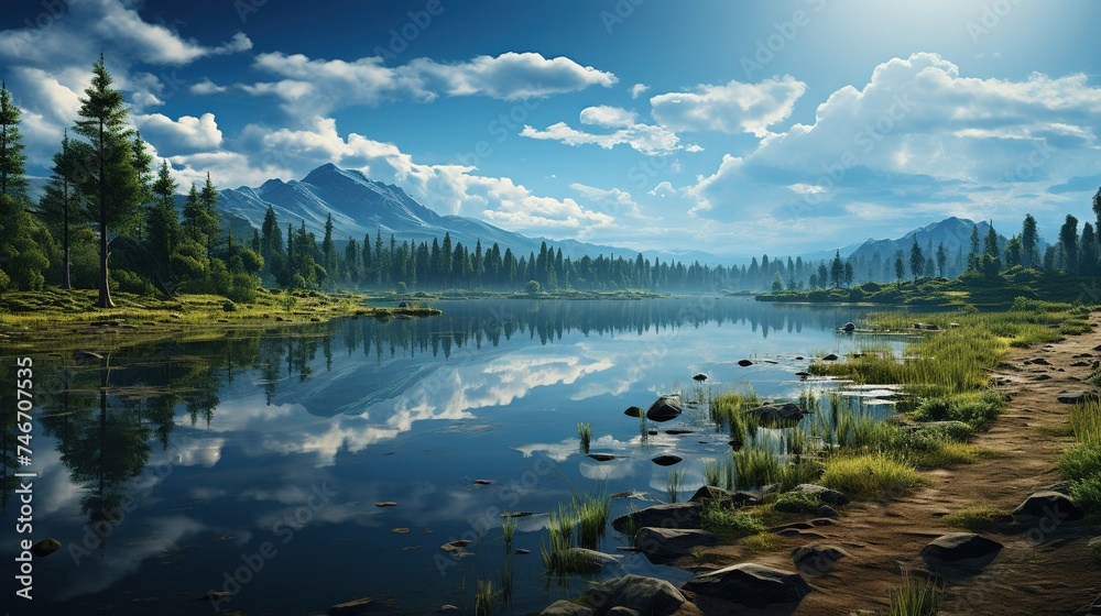 beautiful blue skies and clouds over a lake, in the style of romanticized depictions of wilderness, dark reflections - obrazy, fototapety, plakaty 