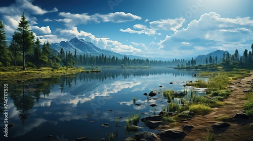 beautiful blue skies and clouds over a lake, in the style of romanticized depictions of wilderness, dark reflections © Smilego