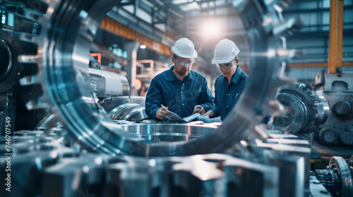 two engineers in safety helmets and blue work clothes are inspecting or discussing a large metallic turbine or machinery component in an industrial setting.