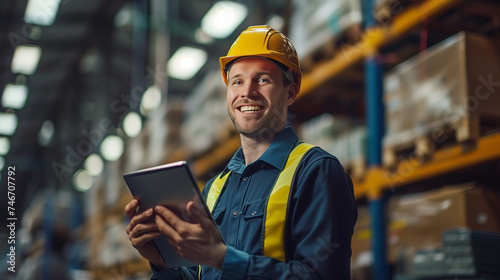 portrait of professional engineer manager inspector in uniform and tablet smile confident in warehouse store distributor factory with happiness at work engineer on site.
