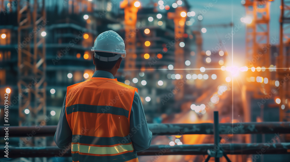 rear view of professional engineer manager standing concentrate focus multi exposure with building construction industry background construstion engineer concept rear view of professional engineer manager standing concentrate focus multi exposure with building construction industry background construstion engineer concept