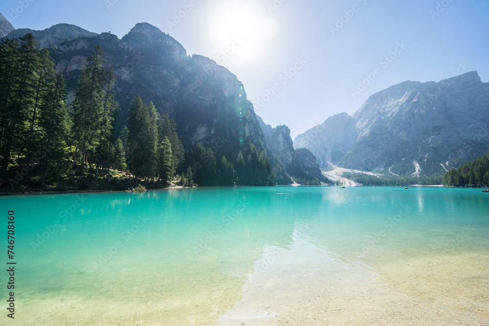 Turquoise lake Braies in the heart of the Dolomites, Italy