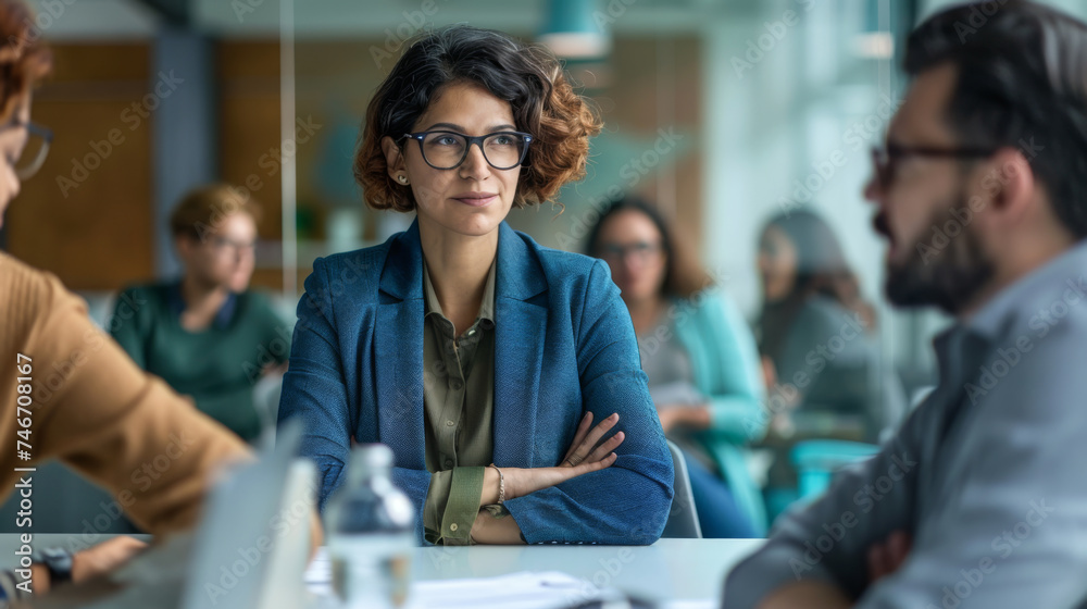 Focused professionals are engaged in a serious business discussion around a table with documents in a modern office environment. Focused professionals are engaged in a serious business discussion around a table with documents in a modern office environment.