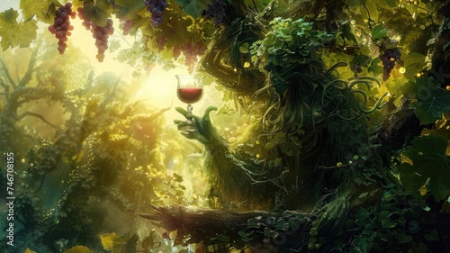 fantasy illustration of a mythical creature serving grape milk in a goblet, in an enchanted forest filled with grapevines